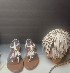 White Tassel Sassy Chic Sandals Trendy Fringe Shaggy Dog Crossbody Bag